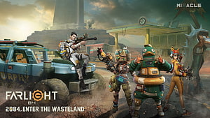 Farlight 84 Wasteland Squad Artwork Featuring Characters, Vehicles, and Post-Apocalyptic Setting HD wallpaper
