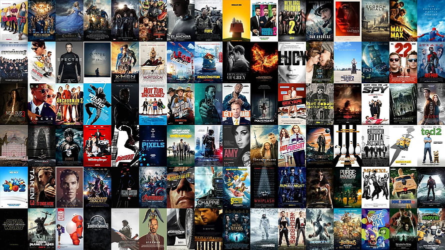 Grid of Modern Blockbuster Movie Posters Including Avengers, Mad Max, and Star Wars HD wallpaper