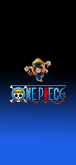 Monkey D. Luffy Running Above One Piece Logo on Blue Gradient Background HD phone wallpaper