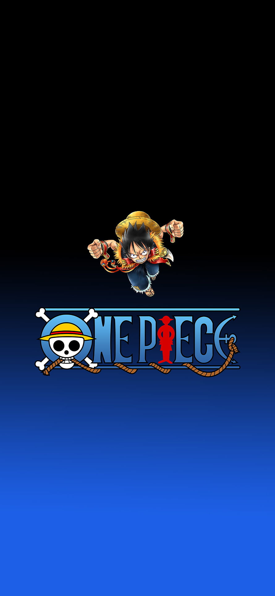 Monkey D. Luffy Running Above One Piece Logo on Blue Gradient Background HD phone wallpaper