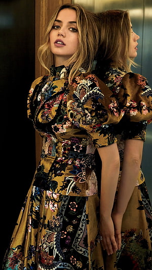 Ana de Armas in ornate floral brocade dress with mirror reflection HD phone wallpaper