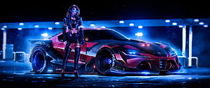 Cyberpunk Woman Standing Beside Neon Red Sports Car in Dark Garage, Ultrawide 21:9, cyberpunk car HD wallpaper