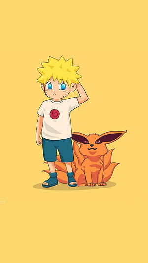 Naruto Uzumaki and Nine-Tails Fox Anime Illustration Wallpaper HD phone wallpaper