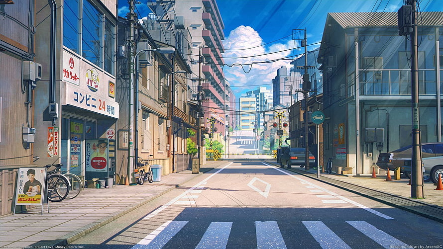 Sunny Japanese City Street with Convenience Store and Crosswalk in Anime Style HD wallpaper