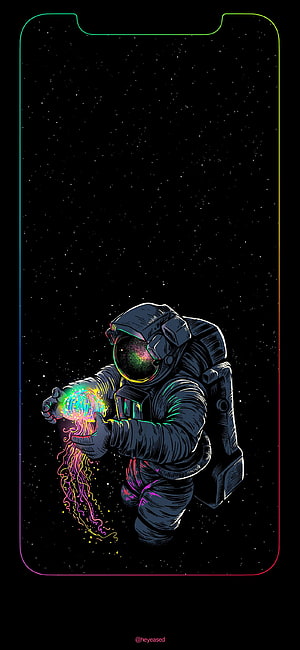 Astronaut Holding Glowing Jellyfish in Deep Space with Neon Phone Frame HD phone wallpaper