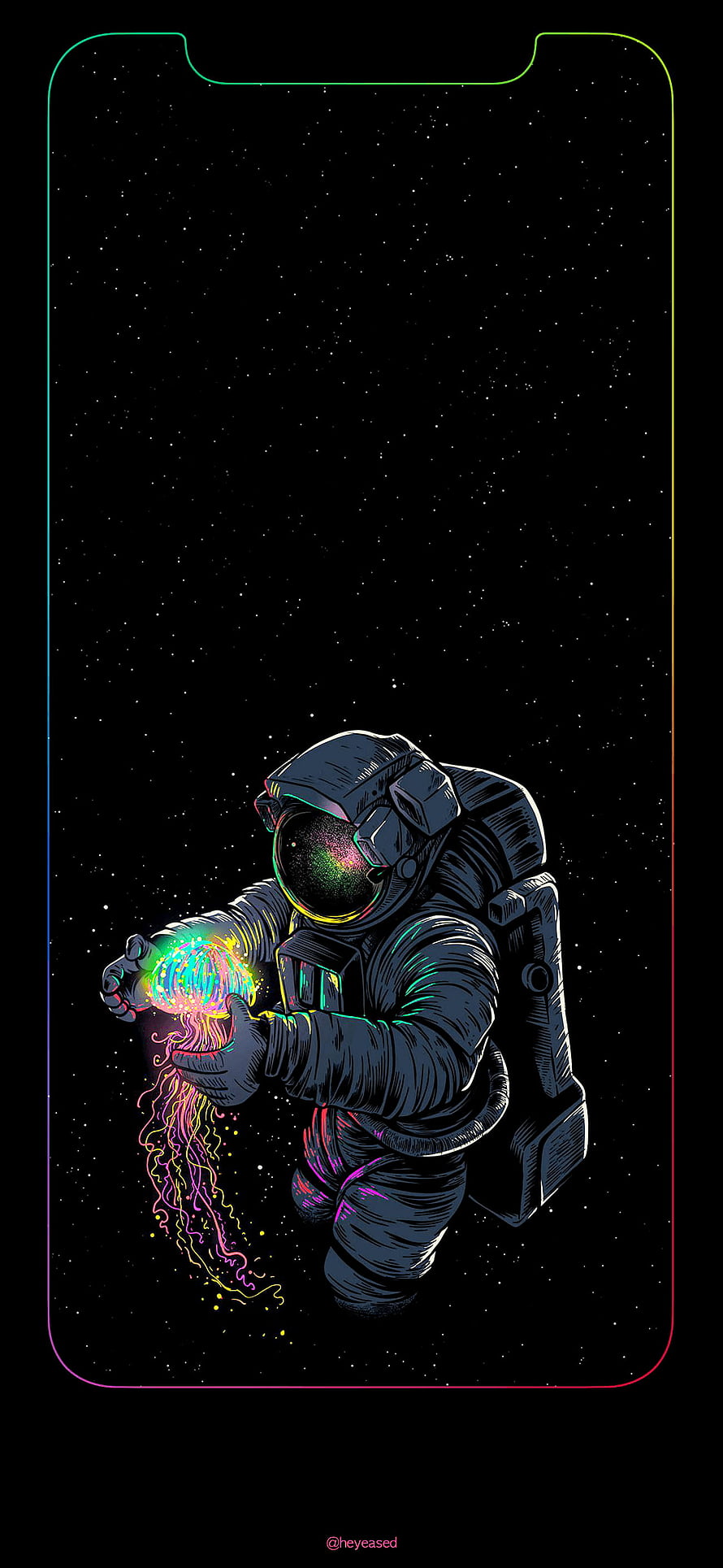 Astronaut Holding Glowing Jellyfish in Deep Space with Neon Phone Frame HD phone wallpaper