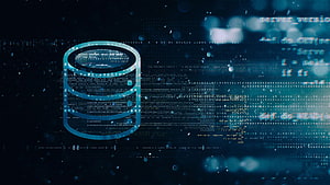 Glowing Database Cylinder with Floating Code and Digital Particles on Dark Background HD wallpaper
