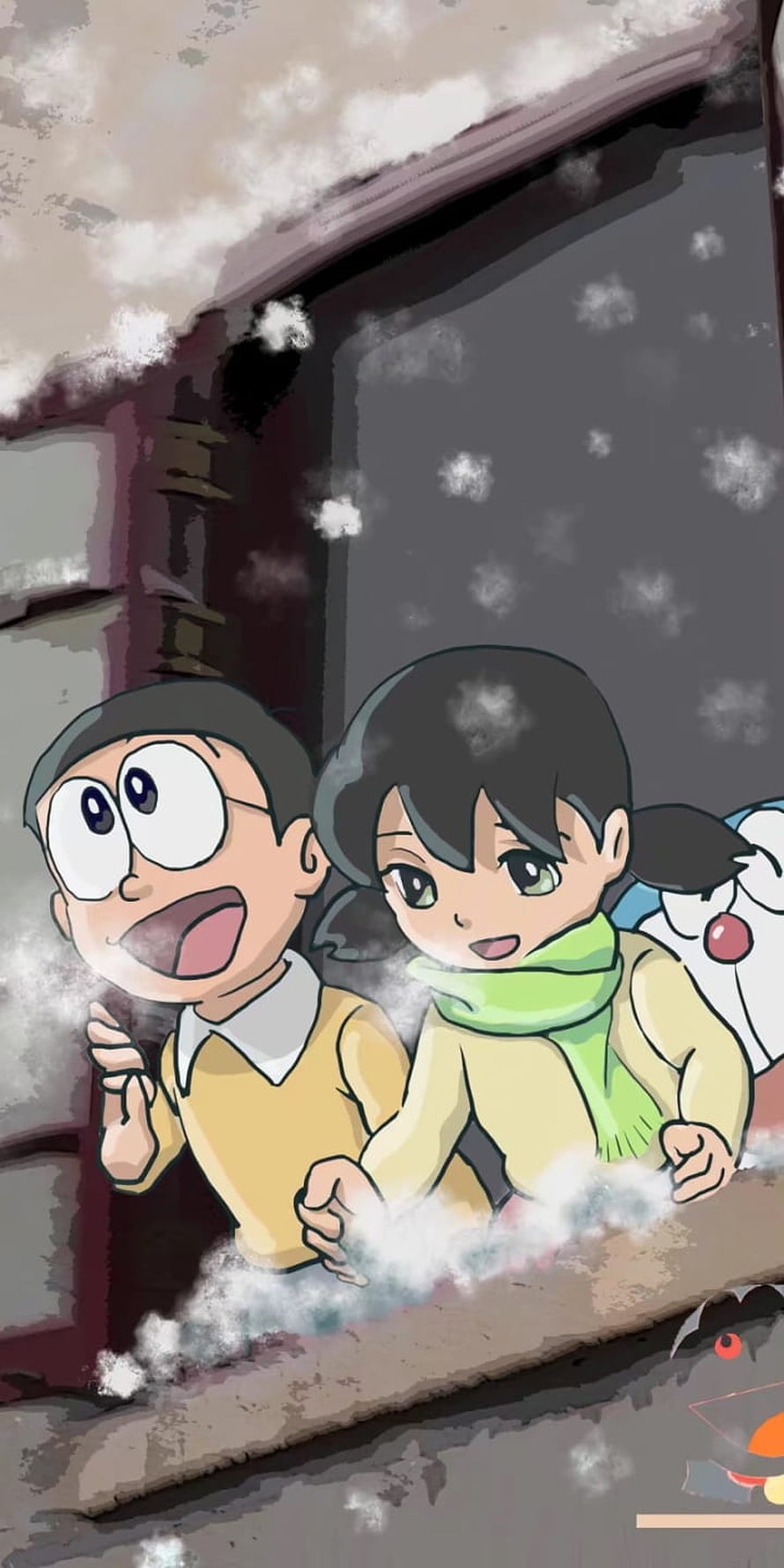 Nobita and Shizuka watching snowfall from a window in Doraemon anime style HD phone wallpaper