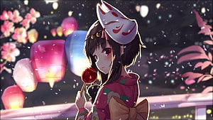 Anime Girl in Pink Kimono Holding Candy Apple with Fox Mask at Night Festival HD wallpaper