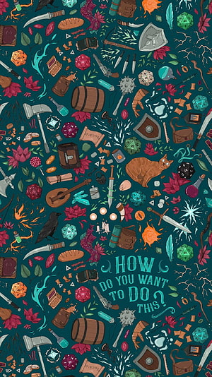 Dungeons and Dragons Fantasy Pattern with D20 Dice, Swords, and Magical Items on Teal Background HD phone wallpaper