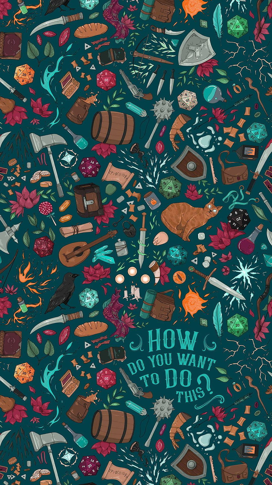 Dungeons and Dragons Fantasy Pattern with D20 Dice, Swords, and Magical Items on Teal Background HD phone wallpaper