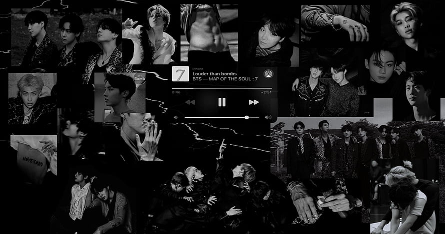BTS Black and White Aesthetic Collage with Music Player Interface HD wallpaper