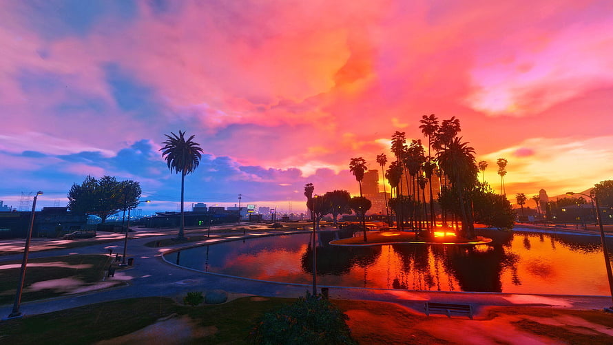 Vibrant Sunset Over Palm Trees and Reflective Pool in a Stylized Urban Park Landscape HD wallpaper