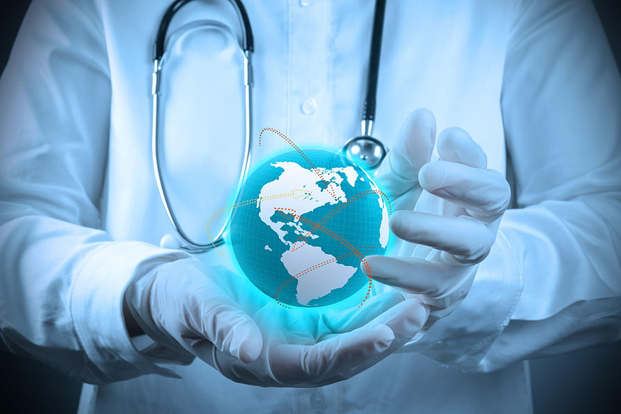 Doctor Holding Glowing Digital Globe With Stethoscope And Medical Gloves HD wallpaper