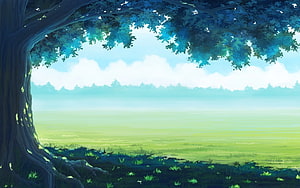 Serene Anime Grassland Landscape with Large Tree and Distant Forest Horizon HD wallpaper