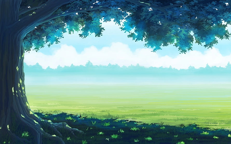 Serene Anime Grassland Landscape with Large Tree and Distant Forest Horizon HD wallpaper