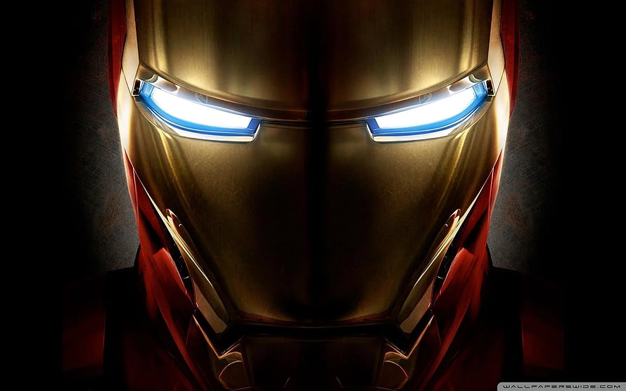 Iron Man Close-Up Portrait with Glowing Blue Eyes and Gold Armor, iron man, ironman HD wallpaper