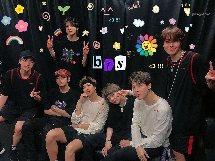 BTS Group Photo With Playful Doodle Overlays And Black Backdrop HD wallpaper