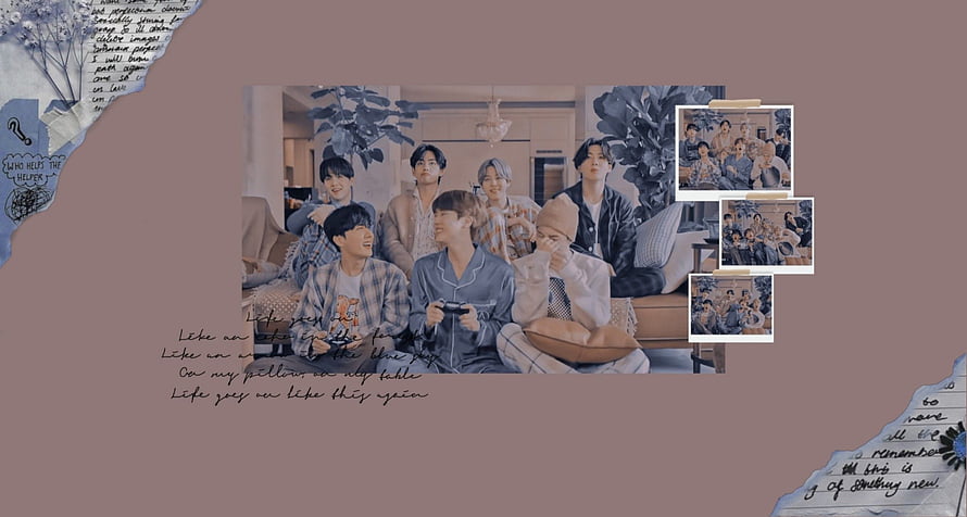 BTS casual living room photo collage with handwritten notes and polaroid snapshots HD wallpaper