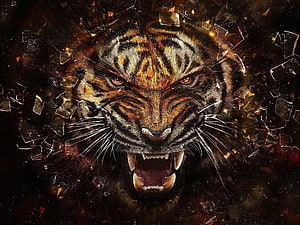 Fierce Roaring Tiger Head with Shattered Glass Effect and Dark Fiery Background HD wallpaper