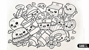 Kawaii Food Coloring Page With Cute Cartoon Snacks And Drinks HD wallpaper
