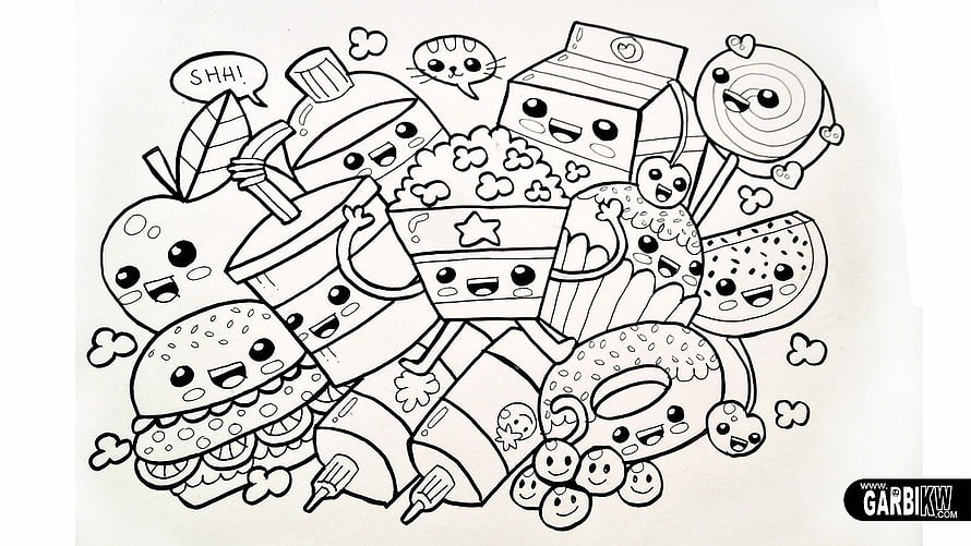 Kawaii Food Coloring Page With Cute Cartoon Snacks And Drinks HD wallpaper