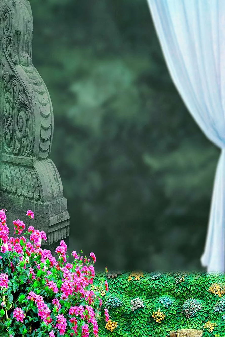 Ornate Stone Pillar with Pink Flowers and White Drapes HD phone wallpaper