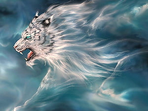 Majestic White Tiger Roaring in Ethereal Mist and Wind Fantasy Art HD wallpaper