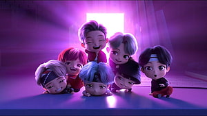 TinyTAN BTS Chibi Characters in Vibrant Purple Studio Setting HD wallpaper