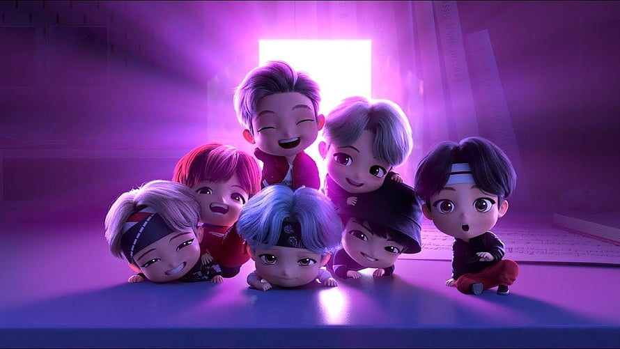 TinyTAN BTS Chibi Characters in Vibrant Purple Studio Setting HD wallpaper