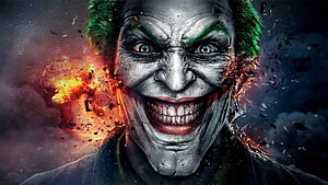 Joker Character Portrait With Fiery Explosion And Dark Cinematic Background HD wallpaper