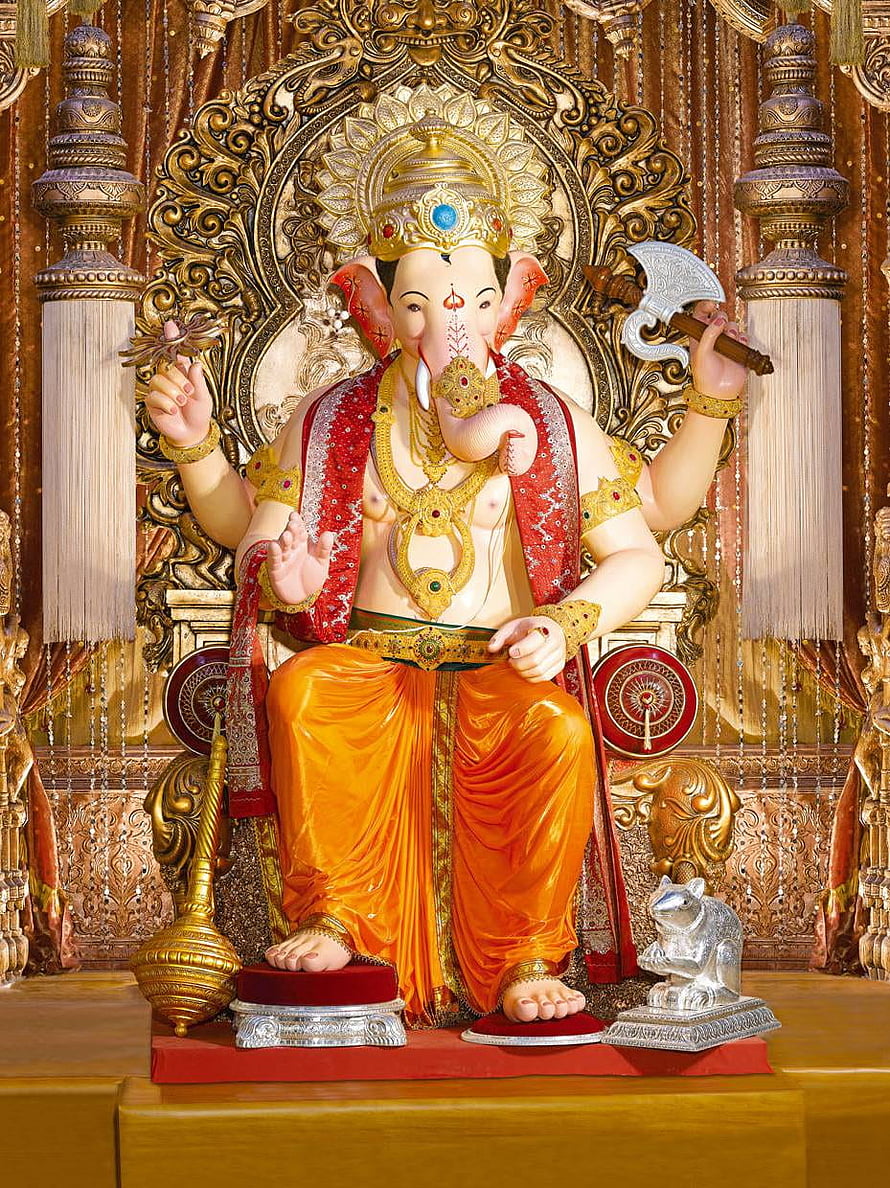 Lalbaugcha Raja Ganesha Murti in Temple Setting with Golden Ornamentation HD phone wallpaper