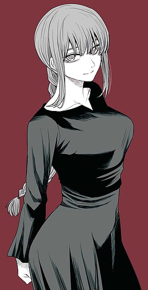 Makima from Chainsaw Man in a dark dress with a subtle smile against a deep red background, Chainsaw Man Makima, makima HD phone wallpaper