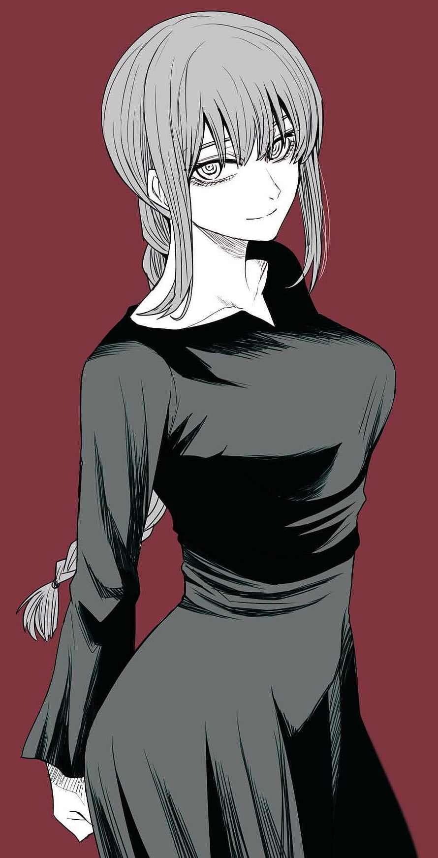 Makima from Chainsaw Man in a dark dress with a subtle smile against a deep red background, Chainsaw Man Makima, makima HD phone wallpaper