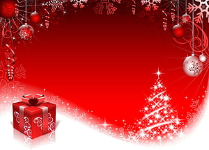Festive Red Christmas Background with Gift Box, Sparkling Tree, and Hanging Ornaments HD wallpaper