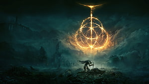 Dark Fantasy Warrior Kneeling Before Glowing Golden Rune Circle in Misty Ruins HD wallpaper