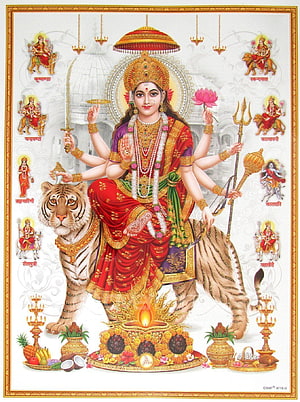 Goddess Durga Riding Tiger with Weapons and Offerings Hindu Deity Art HD phone wallpaper