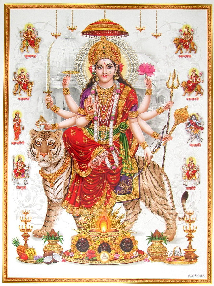 Goddess Durga Riding Tiger with Weapons and Offerings Hindu Deity Art HD phone wallpaper
