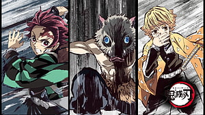 Demon Slayer Anime Trio Featuring Tanjiro, Inosuke, and Zenitsu in Dynamic Action Poses HD wallpaper