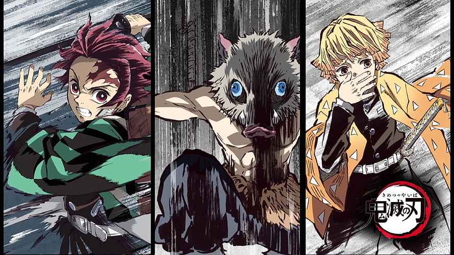 Demon Slayer Anime Trio Featuring Tanjiro, Inosuke, and Zenitsu in Dynamic Action Poses HD wallpaper