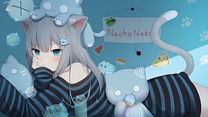 Nachoneko Anime Girl with Cat Ears and Blue Cat Plushies in Cozy Bedroom Setting HD wallpaper