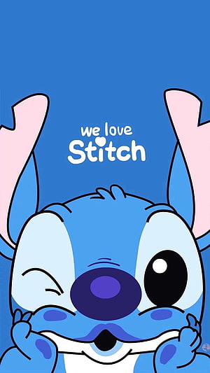 Cute Winking Stitch Cartoon Illustration with Blue Background and White Text HD phone wallpaper