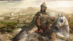 Saladin on Horseback in Medieval Armor with White Steed and Desert City Backdrop HD wallpaper