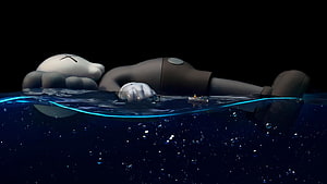 KAWS Companion Floating in Deep Ocean Water with Tiny Boat HD wallpaper
