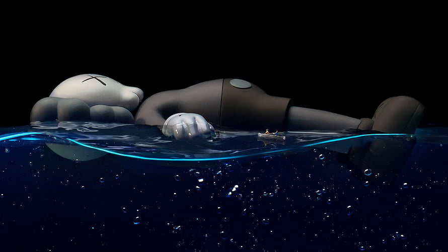 KAWS Companion Floating in Deep Ocean Water with Tiny Boat HD wallpaper