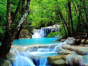 Turquoise Waterfall Cascading Through Lush Green Forest HD wallpaper