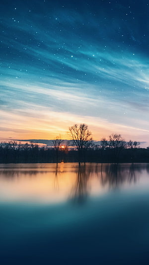 Serene Lake Sunset With Starry Sky And Silhouetted Trees HD phone wallpaper