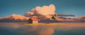 Ghibli Style Solitary Island Cottage at Golden Hour with Dramatic Clouds HD wallpaper