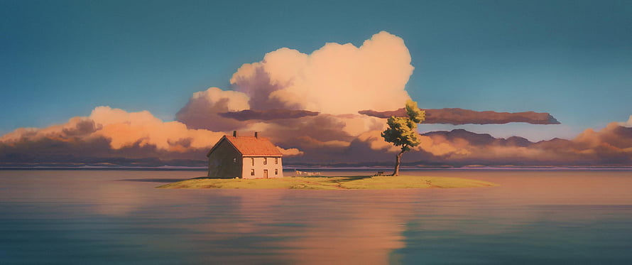 Ghibli Style Solitary Island Cottage at Golden Hour with Dramatic Clouds HD wallpaper