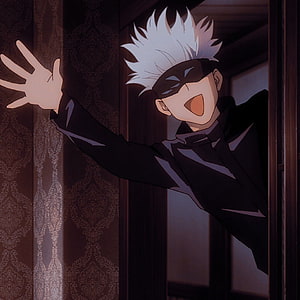 Satoru Gojo from Jujutsu Kaisen in a black suit and mask reaching out with an open mouth in a dimly lit room HD phone wallpaper